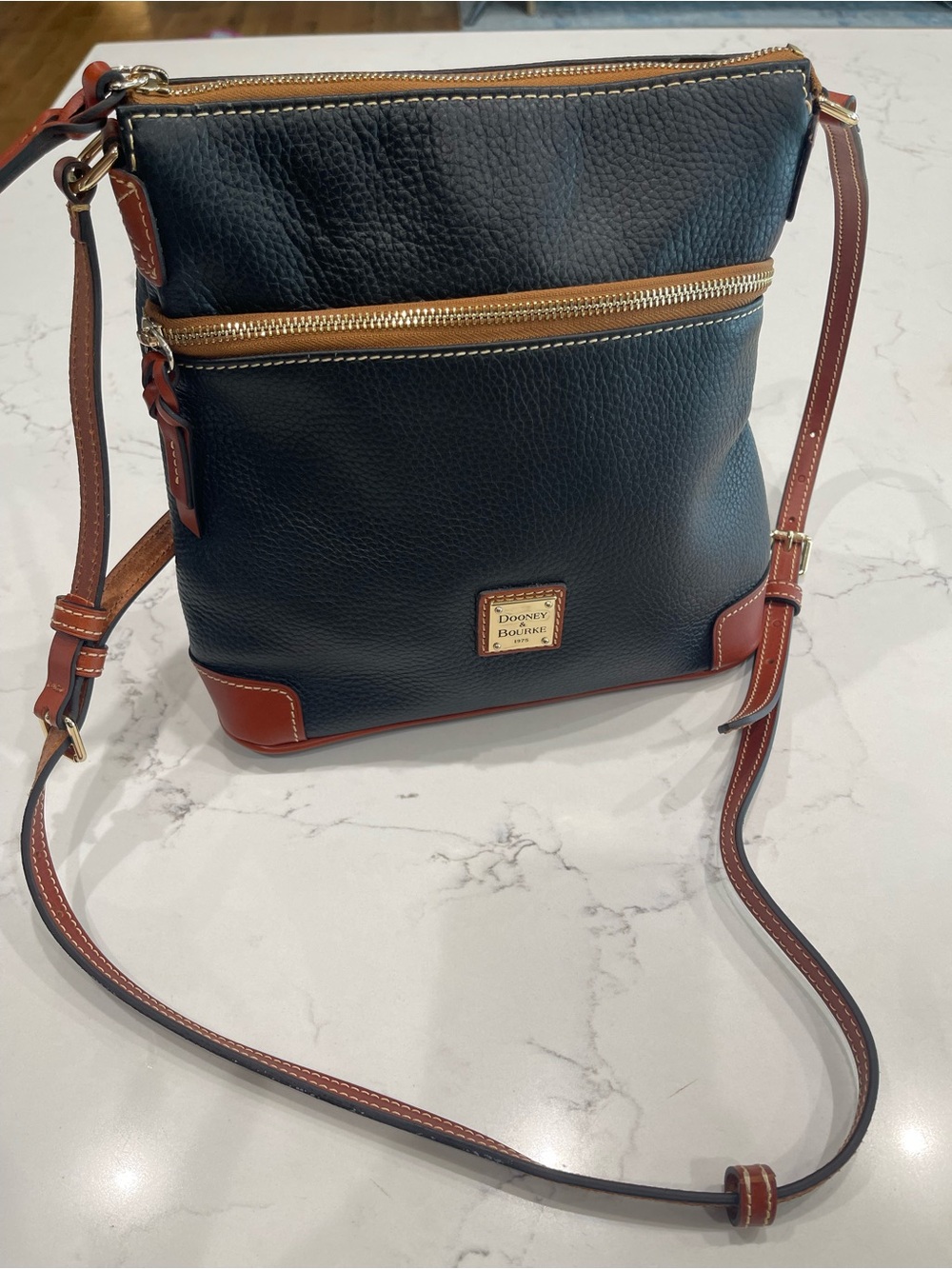 Dooney & Bourke NWOT Black Pebbled Leather Crossbody with Brown Trim